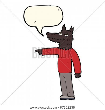 cartoon wolf man pointing with speech bubble