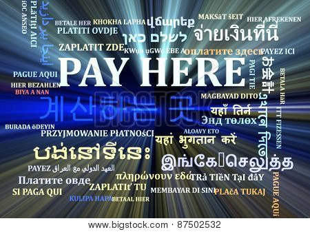 Background concept wordcloud multilanguage international many language illustration of pay here glowing light