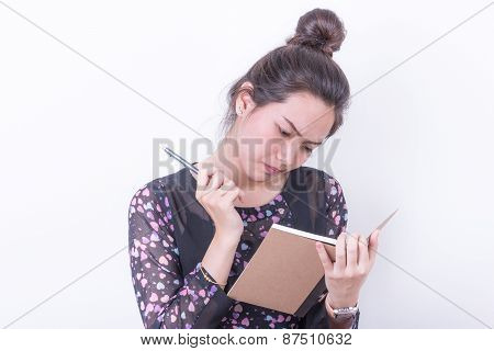 Portrait Business Woman Taking Notebook On White Background