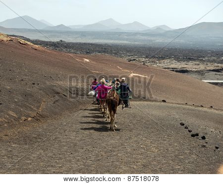 TIMANFAYA - MARCH 31: Tourists taking a camel ride on March 31, 2015 in Timanfaya National Park, Lanzarote island, Spain. The parkland is entirely made up of volcanic soil.