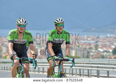 MARMARIS, TURKEY - MAY 1, 2014: Riders from the team Belkin warm up before the start of 5th stage of 50th Presidential Cycling Tour of Turkey