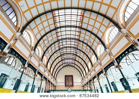 HO CHI MINH, VIETNAM, DECEMBER 08, 2014: Interior structure of the central post office built by the French architect Gustave Eiffel in Ho Chi Minh city (Saigon), Vietnam
