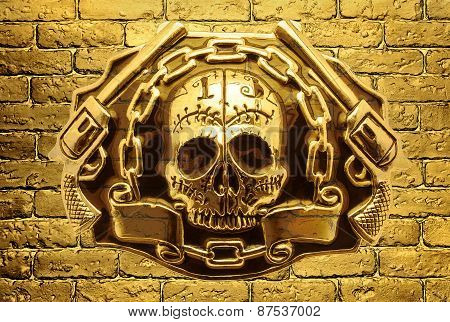 Skull, Golden Guns And Chain On A Background Of Golden Brick Wall
