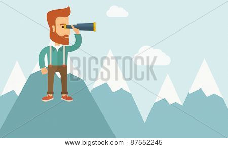 A Happy young hipster man with the beard holding telescope on the top of the blue mountain 