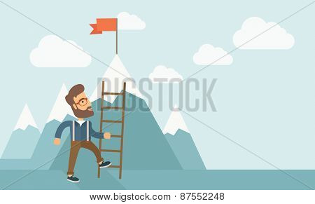 A businessman standing while holding the career ladder 