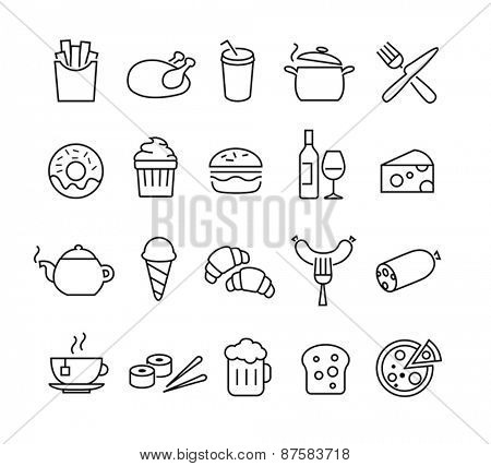 Collection of thin lines icons representing food and cooking. Suitable for print, web or mobile apps design.