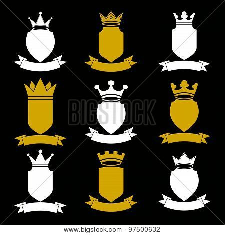 Collection of empire design elements. Heraldic royal coronet illustration. Set of vector shields