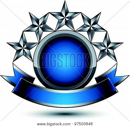 Silver geometric symbol with curvy ribbon, stylized silver pentagonal stars, web design
