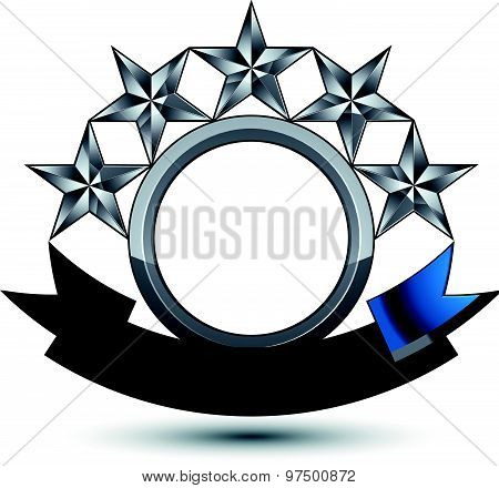 Silver geometric symbol with curvy ribbon, stylized silver pentagonal stars