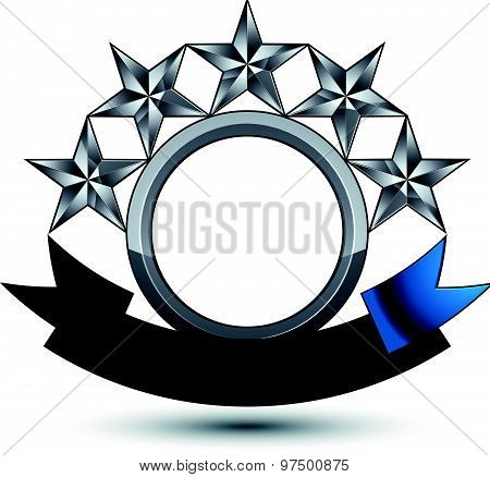 Silver geometric symbol with curvy ribbon, stylized silver pentagonal stars