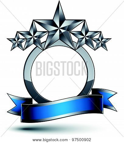 Silver geometric symbol with curvy ribbon, stylized silver pentagonal stars