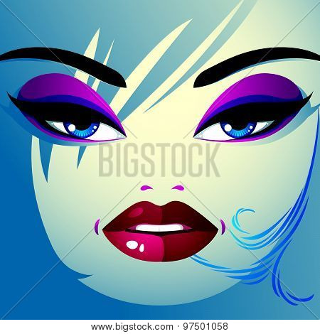 Coquette woman eyes and lips, stylish makeup and hairdo. People facial emotions.