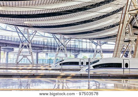 High Speed Train At The Railways Station.