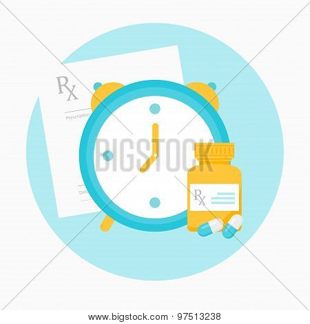 Medicine Prescription, Clock and Bottle with Pills Illustration
