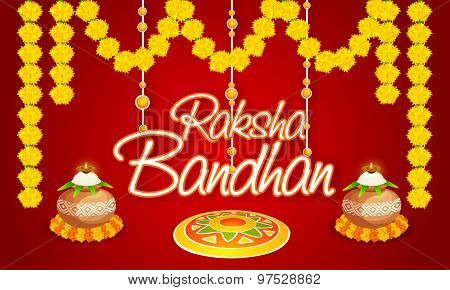 Elegant greeting card with traditional mud pot, oil lit lamps, floral rangoli and beautiful flowers for Indian festival of brother and sister love, Happy Raksha Bandhan celebration.
