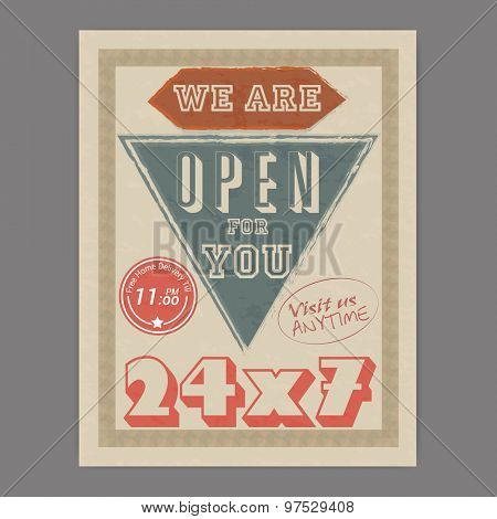 24X7 hours open, retro Help Center flyer or template design with free home delivery offer for you.