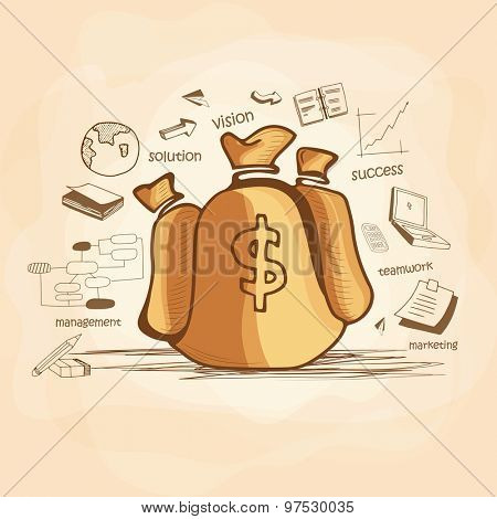 Illustration of brown money bag with various statistical infographic elemnents for business or corporate sector.