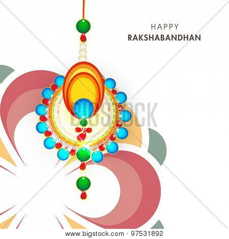 Greeting card design decorated with beautiful rakhi for Indian festival of brother and sister love, Happy Raksha Bandhan celebration.