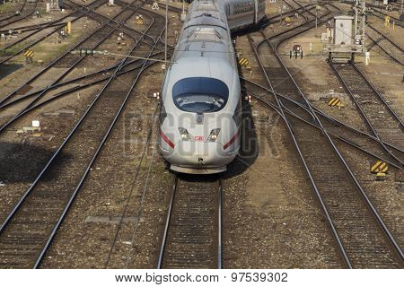 MUNICH, GERMANY - JULY 3, 2015: Central railway station in Munich with leaving ICE train picture was taken from the Hackerbruecke