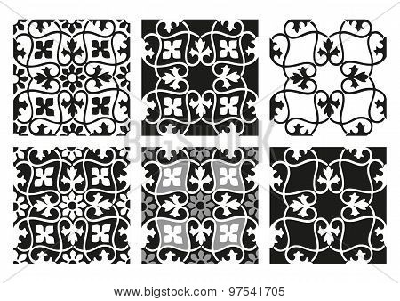 Vector set of seamless floral patterns black and white vintage backgrounds