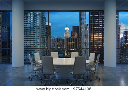 Panoramic Conference Room In Modern Office, Cityscape Of New York Skyscrapers At Night, Manhattan. W
