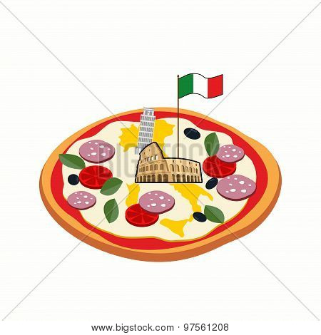 Italian Pizza. Cheese In Form Of A Silhouette Map Of Italy With Colosseum And  Flag.
