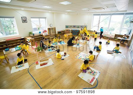 Children study and play in a modern kidergarten school in Hanoi, Vietnam