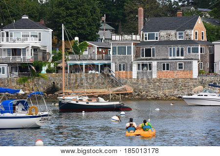 ROCKPORT, MA, USA - JUL. 25, 2015: Yachts in Rockport Harbor in downtown Rockport, Massachusetts, USA.
