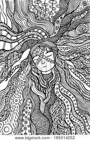 Fantasy girl hair coloring page. Hand drawn doodle zentangle. Fairy tale zen art for children and adult coloring book.