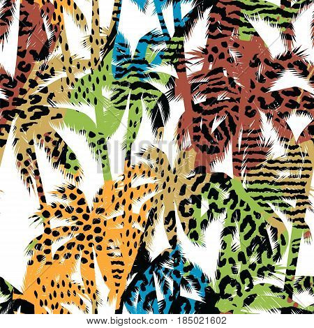 Trendy seamless exotic pattern with palm, animal prins and hand drawn textures. Vector illustration. Modern abstract design for paper, wallpaper, cover, fabric, Interior decor and other users.