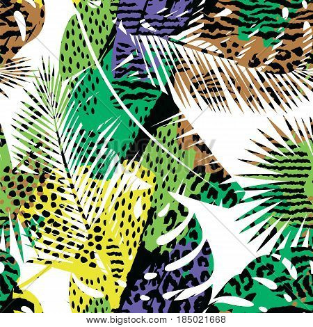 Trendy seamless exotic pattern with palm, animal prins and hand drawn textures. Vector illustration. Modern abstract design for paper, wallpaper, cover, fabric, Interior decor and other users.