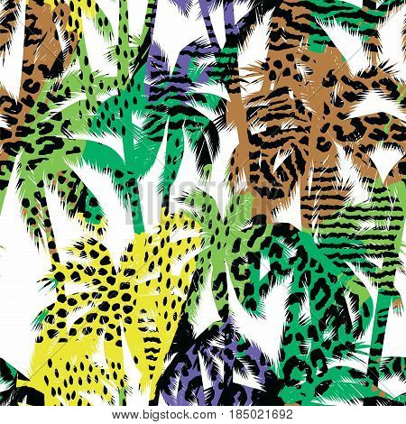 Trendy seamless exotic pattern with palm, animal prins and hand drawn textures. Vector illustration. Modern abstract design for paper, wallpaper, cover, fabric, Interior decor and other users.
