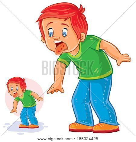 Vector illustration of a little boy with a rash on the tongue, allergy, stomatitis, herpes. Print