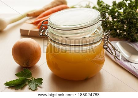 Bone Broth Made From Chicken In A Glass Jar
