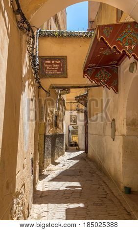 FEZ ,MOROCCO - APRIL 6,2017 - In the streets of old medina in Fez. Fez city has been called the 