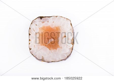 Traditional Fresh Japanese Sushi Rolls On A White Background. Roll With Salmon