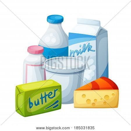 Dairy products, milk food. Cartoon vector illustration isolated on white background