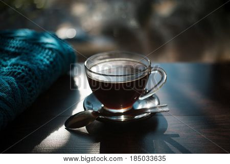 Coffee. Autumn Still Life: Cup Of Black Coffee On The Wooden Table Near The Window. The Sun's Rays O