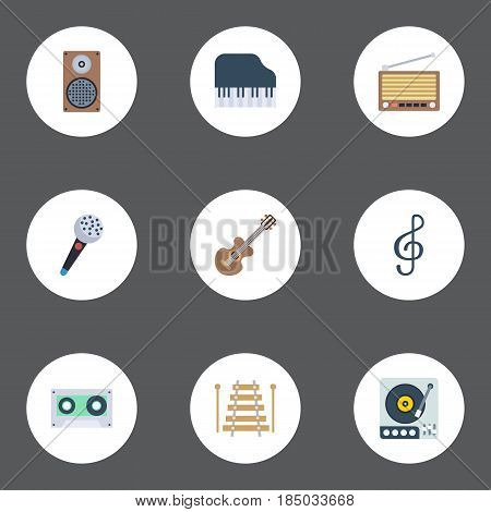 Flat Musical Instrument, Octave Keyboard, Radio And Other Vector Elements. Set Of Melody Flat Symbols Also Includes Studio, Vinyl, Acoustic Objects.