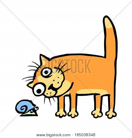Cat watching the snail. Vector illustration. Cheerful pet and funny slug.