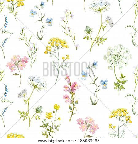 Beautiful pattern with hand drawn watercolor wildflowers and leaves