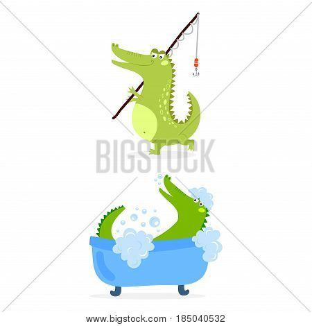 Cartoon green crocodile funny predator and australian wildlife river reptile carnivore alligator scales teeth flat vector illustration. Tropical africa safari zoo character crocodylus.