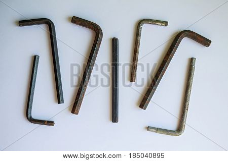 Close up set of old hexagon allen keys