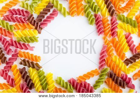 Background Of Colorful Pasta Texture Close-up. Assortment Of Colorful Macaroni. Italian Pasta. Varie