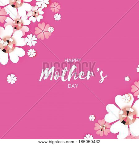 Happy Mothers Day. White Floral Greeting card with Brilliant stones. Women's Day with Paper cut flower. Floral holiday. Beautiful bouquet. Pink. Vector illustration.