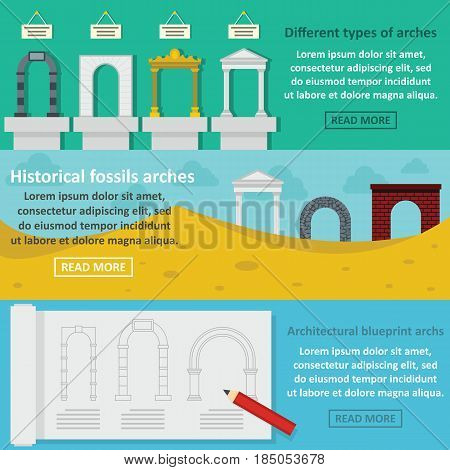 Arches types banner horizontal concept set. Flat illustration of 3 arches types vector banner horizontal concepts for web