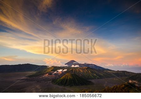 Mount Bromo volcano (Gunung Bromo) Eruption view from viewpoint on Mount Penanjakan. Mount Bromo located in Bromo Tengger Semeru National Park, East Java, Indonesia.
