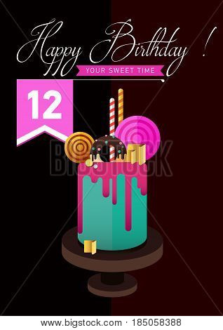 Birthday cake. Flat icon of colorul marzipan cake with lollipop, candy, licorice stick, chocolate, glaze, donut. Typography lettering like label. Modern hipster dessert