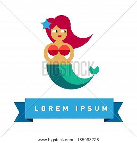 Flat Elements. Vector illustration mermaid. Laybel fish. Mermaid icon design can be used in advertising toys, jewelry for children