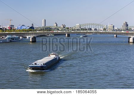 Ship On Rhine River In Cologne, Germany